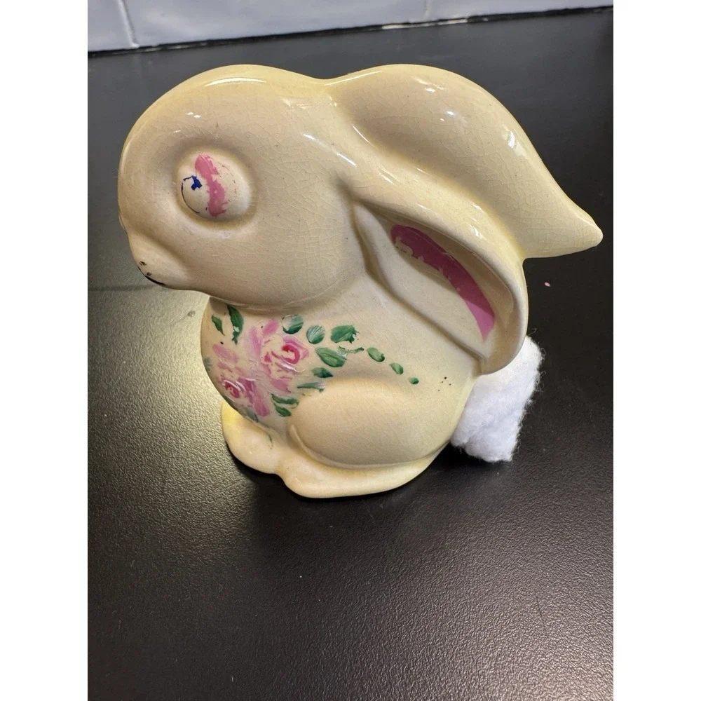Bunny Rabbit Cotton Ball Dispenser‎ Yellow Glazed Ceramic Vintage 1940s Kitschy